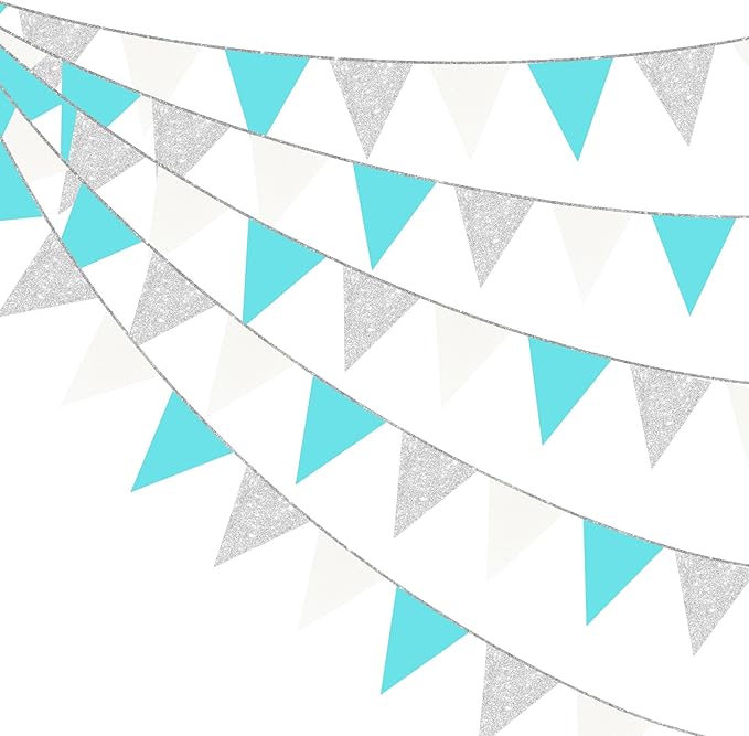Teal Blue and Silver White Pennant Banner Flag Hanging Glitter Paper Triangle Bunting for Birthday Baby Shower Graduation Bridal Shower Wedding Engagement Turquoise Aqua Party Decorations Supplies