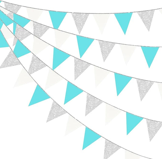 Teal Blue and Silver White Pennant Banner Flag Hanging Glitter Paper Triangle Bunting for Birthday Baby Shower Graduation Bridal Shower Wedding Engagement Turquoise Aqua Party Decorations Supplies