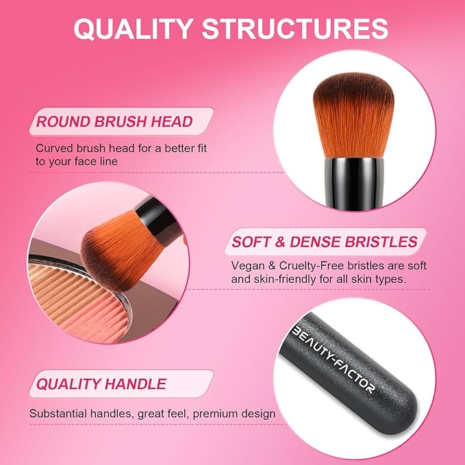 Domed Foundation Brush, 13CM Professional Cheek Blush Brush with Soft Dense Synthetic Bristles Face Kabuki Makeup Brushes for Loose Powder, Liquid, Buffing, Contour, Bronzer, Cream, Blending