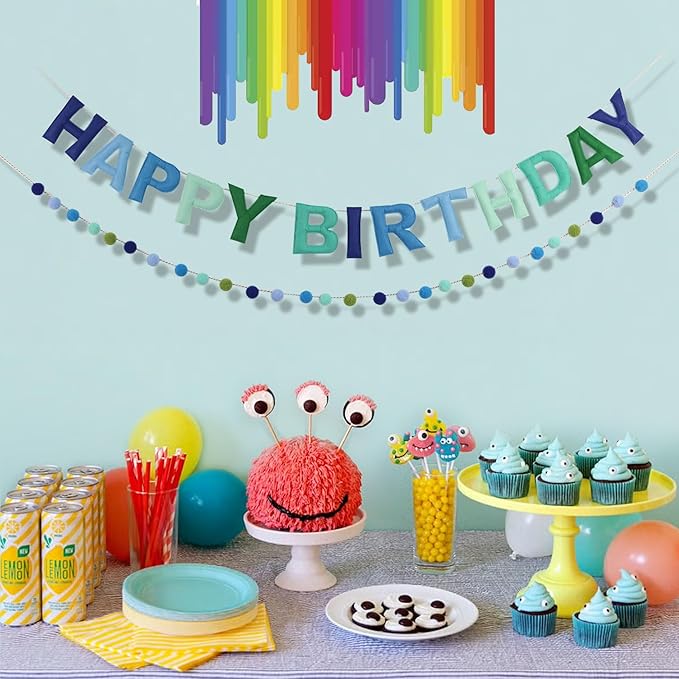 2 PCS Pre-Strung 3D Felt Happy Birthday Banner - Reusable Blue and Green Happy birthday Decorations Sign,Handmade Wool Felt Ball Garland, Pom Pom Garland, Party Decor, Photo Prop