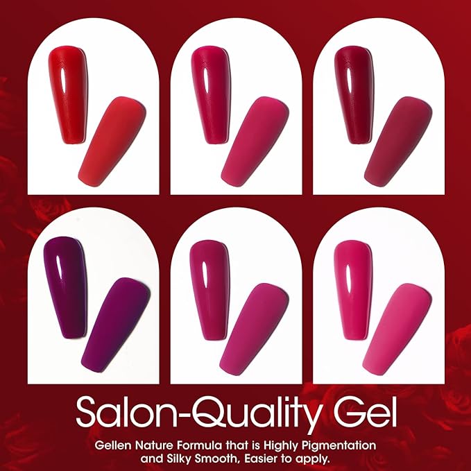 GELLEN Gel Nail Polish, Burgundy Dark Red Purple Gel Polish Set 6 Colors, Non Toxic No Wipe Soak Off UV Light Gel For Women Girls Manicure Home Salon Trendy Nail Gifts Valentine Day Christmas