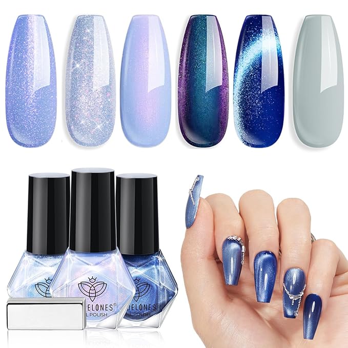 modelones Blue Nail Polish, 6 Colors Cat Eye Glitter Gray Shimmer Holographic Clear Quick Dry Mini Starter Set, Long Lasting Art DIY Manicure Kit at Home for Women