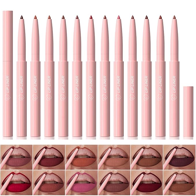 12 Colors Retractable Lip Liner Kit for Define & Sculpting Lips Shades, Long Lasting Waterproof High Pigment Matte Finish Creamy Texture Lip Liner Pencil Set for Women (12 Colors, M)