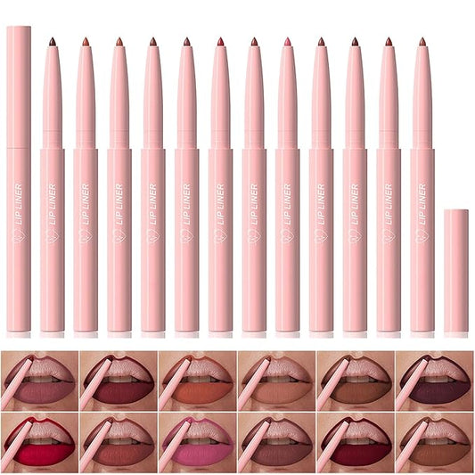 12 Colors Retractable Lip Liner Kit for Define & Sculpting Lips Shades, Long Lasting Waterproof High Pigment Matte Finish Creamy Texture Lip Liner Pencil Set for Women (12 Colors, M)