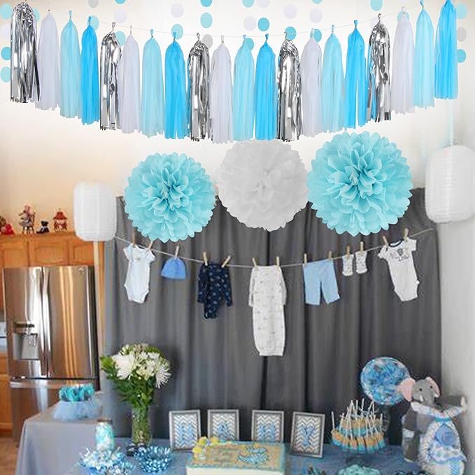 Royal-Light Blue Silver Party Decorations - 30pcs Tissue Pom Poms Streamers,Birthday Tassel Garland Banner,Graduation Wedding Engagement Baby Bridal Shower Decor Ouruola