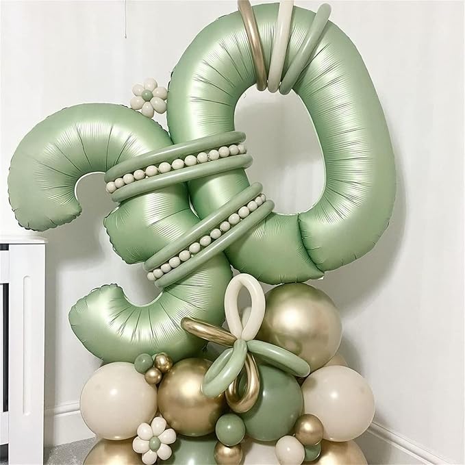 Sage Green Balloon Number 8, 40 Inch Large Self Inflating Foil Number Balloons 0-9, Olive Green Digital 8 Helium Balloon for 8th Girls Boys Women Jungle Safari Birthday Party Anniversary Decorations