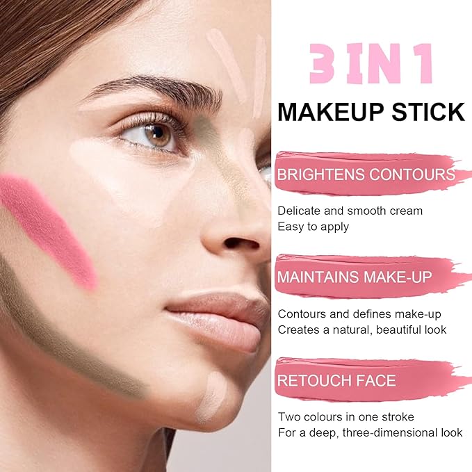 6 Colors Cream Contour Stick Makeup Kit, Shades with Highlighter Stick, Blush Stick and Double-End Bronzer Stick for Sculpt the Cheeks, Waterproof,Dewy & Matte Finish for Beginners (6 COLORS SET A)