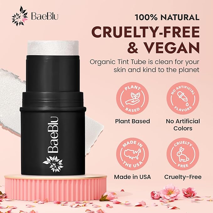 BaeBlu - Organic Blush Tube, Prosecco - 100% Natural Vegan Cream Blush Sticks, Multi-Use Bronzer, & Highlighter for Lips, Cheeks & Eyes, Buildable Shimmer, Gluten-Free, Paraben-Free, Made in USA
