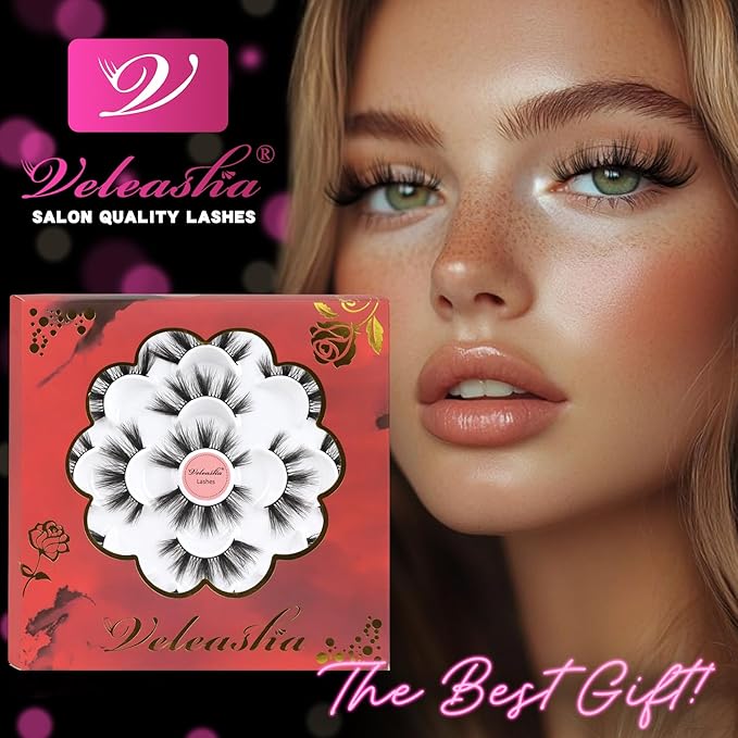 Veleasha Lashes 5D Faux Mink Cat Eye Lashes - Handmade Wispy Fluffy Luxurious Eyelashes - Natural Look Volume Spike - 7 Pairs Pack (808)