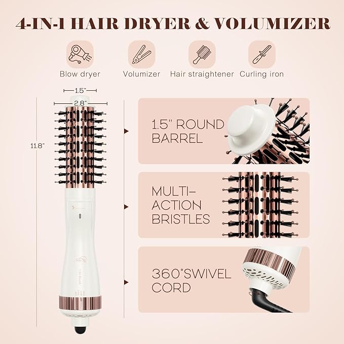 1.5 Inch Barrel (2.8’’ Plus Bristles) Dual Voltage(110~250V) Round Brush Blow Dryer, Hair Dryer Brush with European Plug Adapter, 4-in-1 Negative Ionic One Step Volumizer Dryer
