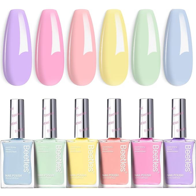 Beetles Pastel Nail Polish Set -6 Colors Pink Blue Yellow Nude Pink Purple Nail Polish Set Quick Dry Finger DIY Air Dry Nail Art Salon Home Pastel Reverie Gift for Women