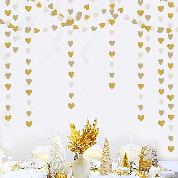 White-Gold Champagne Party-Decorations Heart Streamers Garland - 52Ft Christmas Wedding Engagement Hanging Paper Banner,Bachelorette Neutral Baby Bridal Shower Decor Banners Lasting Surprise