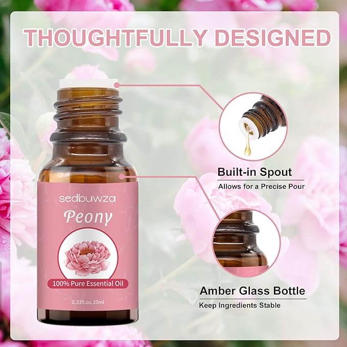 Sedbuwza Peony Essential Oil, Pure Organic Peony Fragrance Oil for Diffuser, Humidifier, Soap, Candle, Perfume