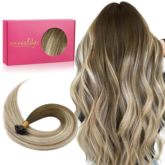 WENNALIFE U Tip Hair Extensions Human Hair, 50g 50s 18 Inch Ombre Walnut Brown to Ash Brown and Bleach Blonde Remy Hair Extensions K Tip Hair Extension Real Human Hair Invisible Straight Keratin Hair