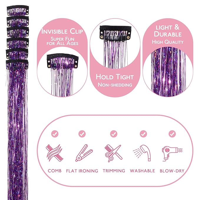 WENNALIFE Hair Tinsel Clip In for Girls Purple, 6pcs 24 inch Clips Tinsel Hair Extensions Clip in Colorful Glitter Clips Sparkle Fairy Hair Accessories for Kids