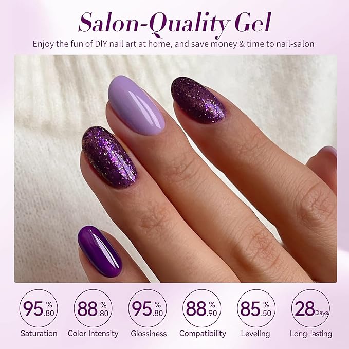 BORN PRETTY Purple Gel Nail Polish Set 6 Colors Lavender Purple Dark Purple Gliiter Nail Gel Kit Soak Off Nail Art Manicure Design Home Salon Holiday Gift