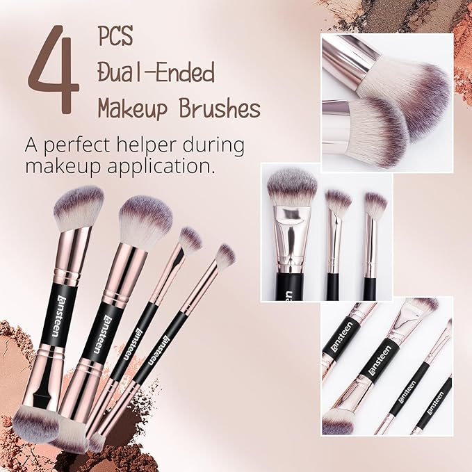 Makeup Brush Set, 4PCS Dual Ended Foundation, Powder, Contour, Concealer, eye Make up Brushes For Liquid Blending Cream Bronzer, Kabuki Face Brushes Makeup