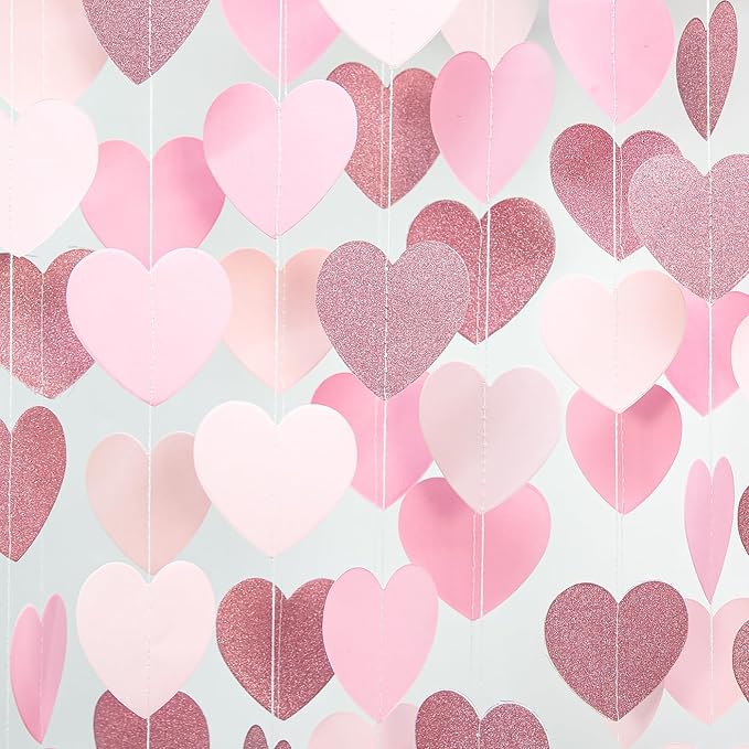 Rose-Gold Hot-Pink Decorations for Party - 52Ft Heart Paper Garland Decoration Streamers Birthday Banner Bridal Baby Shower Wedding Bachelorette Engagement Graduation Hanging Decor Hongtongtong
