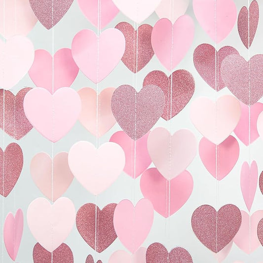 Rose-Gold Hot-Pink Decorations for Party - 52Ft Heart Paper Garland Decoration Streamers Birthday Banner Bridal Baby Shower Wedding Bachelorette Engagement Graduation Hanging Decor Hongtongtong