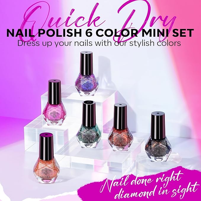modelones Nail Polish Set 6 Colors, Christmas Red Green Glitter Quick Dry Mini Nail Lacquer Kit Winter Hot Pink Blue Purple Orange Holographic Sparkle Holiday Manicure Nail Art Gift for Women Girls