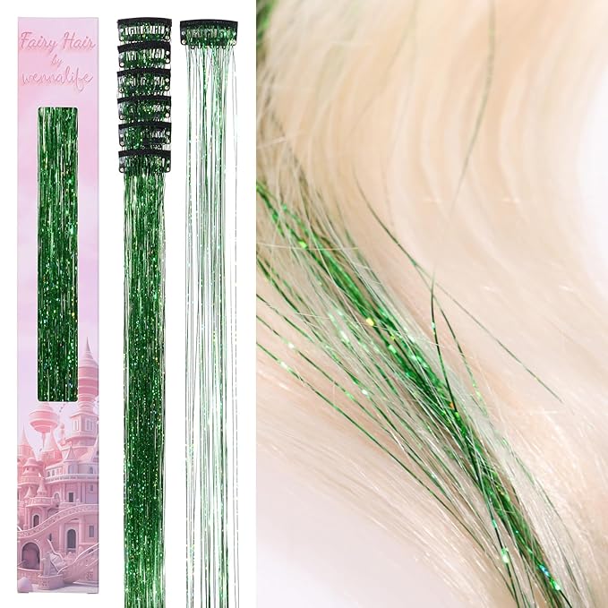 WENNALIFE Hair Tinsel Clip In for Girls Green, 6pcs 24 inch Clips Tinsel Hair Extensions Clip in Colorful Glitter Clips Sparkle Fairy Hair Accessories for Kids
