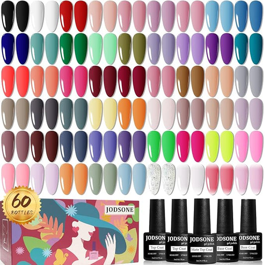JODSONE 60 PCS Gel Nail Polish Set with 5 Bottles of Base and Glossy Matte Top Coat Soak off Gel Nail Set Suitable for All Seasons Gifts