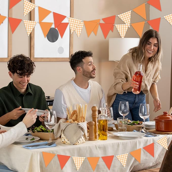33 Ft Hanging Banner Decoration Triangle Flag Orange Pennant Plaid Fabric Bunting Garland for Birthday Wedding Baby Shower Party Supplies