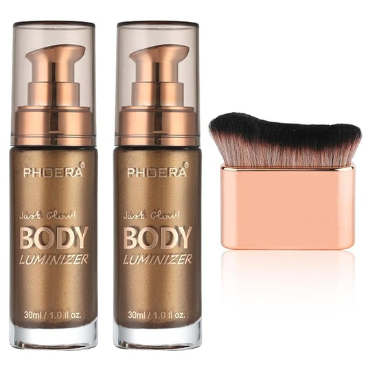 PHOERA Body Shimmer Oil,Waterproof Long Lasting Moisturizing Body Luminizer Glow, Illuminator Highlighter for Face with Makup Bursh, 1oz/Jars(2PCS 103 Glistening Bronze)