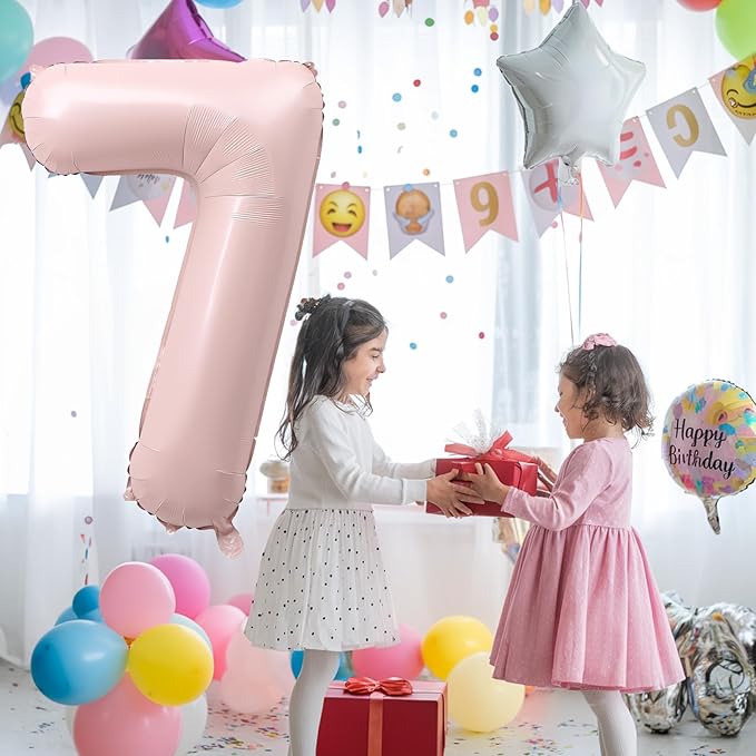 7th Birthday Balloons for Girls, 40'' Foil Self Inflating Light Baby Pink Number 7 Balloon, Pastel Dusty Blush Pink Large Mylar 7 Balloon Number for Kids Birthday Party Decor Anniversary Decorations