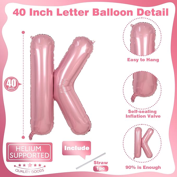 40" Balloon Letter K Pastel Pink, Large Foil Baby Pink Letter Balloons A - Z for Girls, Light Pink K Helium Balloon for Women Birthday Anniversary Graduation New Year Party Decoration Supplies