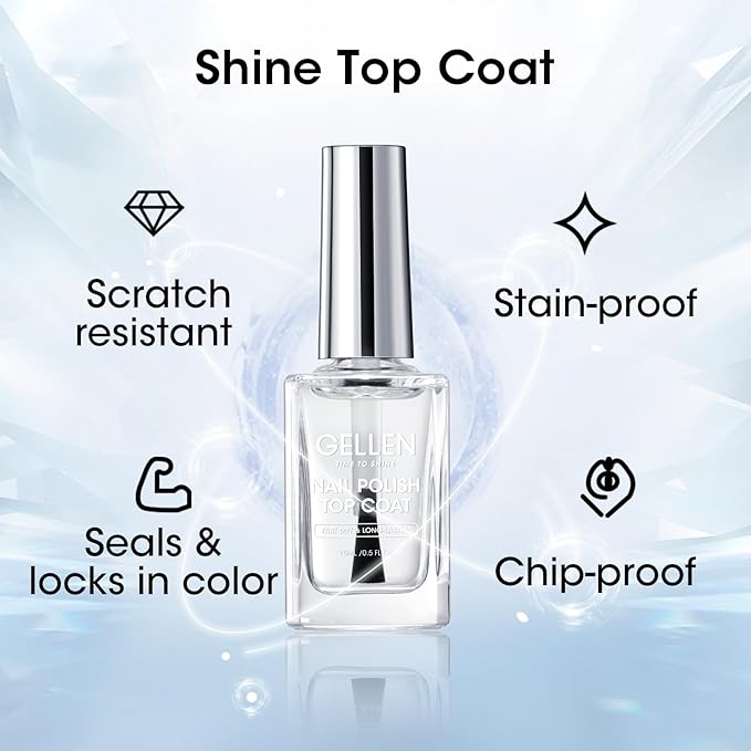 GELLEN Clear Nail Polish Base and Top Coat, Shine No Wipe Top Coat and Tinted Milky White Sheer Base Coat Strengthens Nails - Calcium, Quick Dry Regular Nail Polish, Not UV Gel, Hema Free, Non-toxic