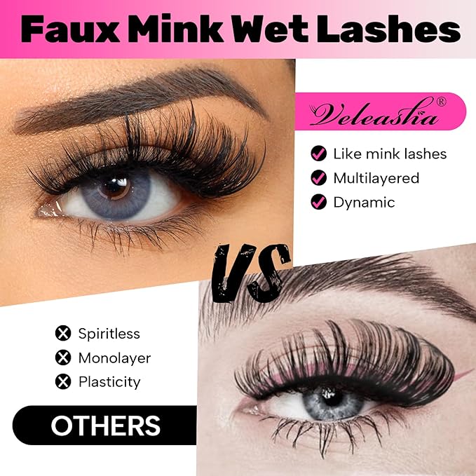 Veleasha Mink Lashes Spiky Cat Eye Lashes Dramatic Eyelashes Fluffy 7 Pairs Manga Lashes 16-26mm Wet Long False Eyelashes 3D Lashes Look Like Eyelash Extensions (D Curl - Pretty)