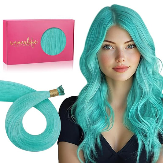WENNALIFE I Tip Hair Extensions Human Hair, 50g 100s 14 Inch Teal Green Remy Itip Human Hair Extensions Invisible Itips Straight I Tips Fusion Extensions Real Human Hair