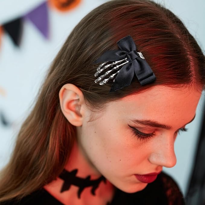 2 Pcs Halloween Skeleton Hand Hair Clips with Bowknot Cute Skull Hand Hair Clip for Women Party Cosplay Hair Accessories