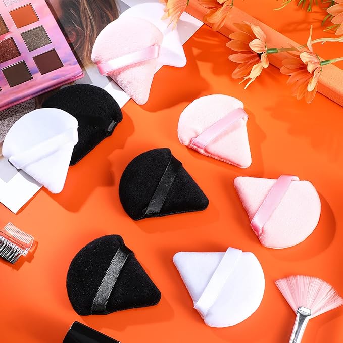 Meanplan 100 Pcs Powder Puff Face Soft Makeup Sponge Triangle Powder Puffs for Loose Velour Cosmetic Foundation Wet Dry Sponge Makeup Tools(Black, White, Pink)
