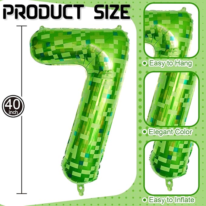 40 Inch Green Pixel Number 7 Balloon for Kids 7th Birthday Decorations, Large Dark Kelly Lime Green Self Inflating Foil Seven Balloon Number for Boys Birthday Video Game Patrick's Day Party Supplies
