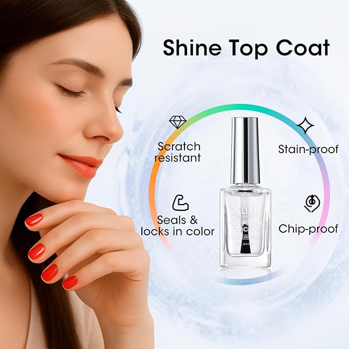 GELLEN Clear Nail Polish Top Coat, Shine Glossy Regular Nail Polish, Calcium Formula Strengthens Nails, Quick Air Dry, No Wipe, Long Lasting, Chip Resistant, Not UV Gel, Hema Free, Non-toxic, 15ml