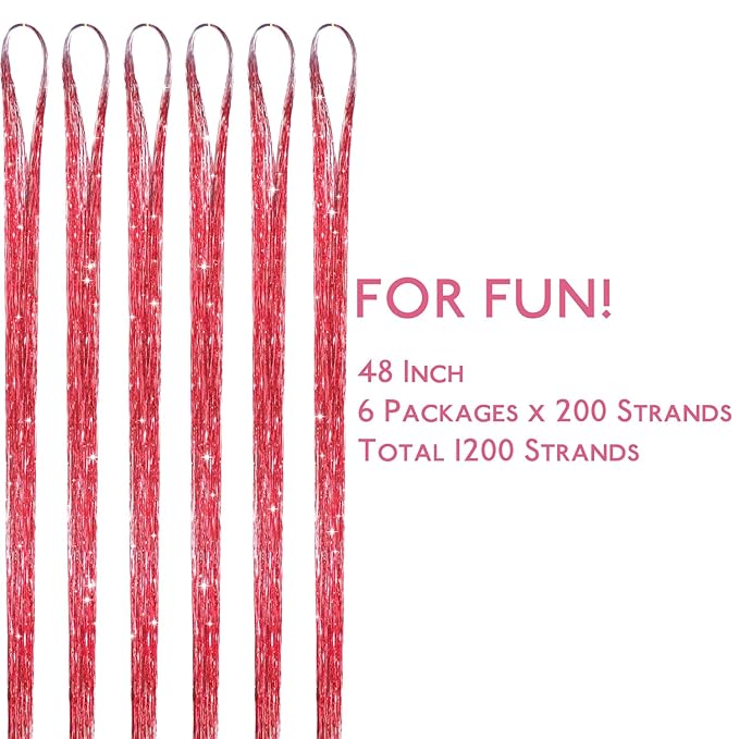 WENNALIFE Hair Tinsel for Girls, Red Fairy Kit 1200 Strands 6PCS 48 Inch Heat Resistant Glitter Hair Extensions Kit Christmas Angel Feathers Sparkle Strands