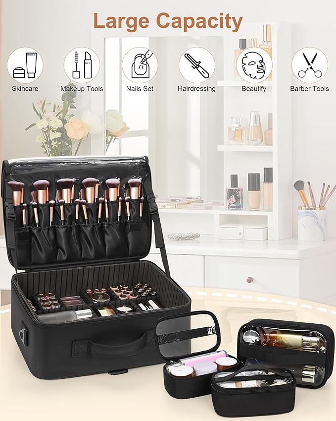 Relavel Large Makeup Bag with 3 Removable Pouches, Travel Train Case Cosmetic Organizer Carrying Box for Makeup Artists Hairstylist with Adjustable Dividers, Brush Holder and Shoulder Strap, Black