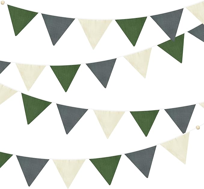 2 Sets of Green Grey Beige Nursery Garland 24Pcs Woodland Fabric Linen Pennant Banner Flags Triangle Streamers for Baby Playroom Decor Kids Camping Birthday Baby Shower Jungle Party Decorations