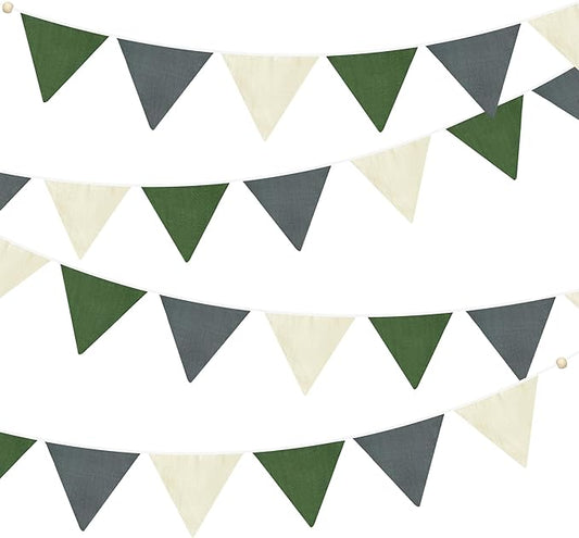 2 Sets of Green Grey Beige Nursery Garland 24Pcs Woodland Fabric Linen Pennant Banner Flags Triangle Streamers for Baby Playroom Decor Kids Camping Birthday Baby Shower Jungle Party Decorations