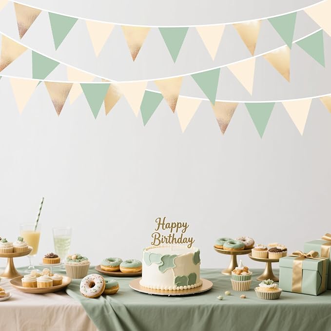 Sage Green Beige Champagne Gold Party Decorations Metallic Fabric Triangle Pennant Banner Bunting Flag Garland for Baby Shower Birthday Wedding Engagement Bridal Shower Graduation Decoration Supplies