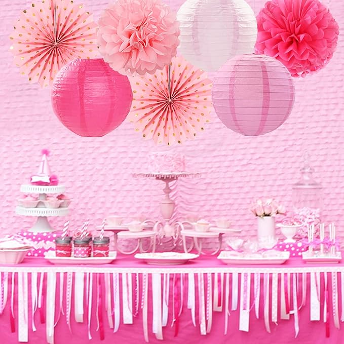 Rose Hot-Pink Party Decorations Streamers - 14pcs Girl Birthday Baby Shower Paper Lanterns Fan,Tissue Pom Poms,Honeycomb Balls,Bachelorette Bridal Wedding Engagement Supplies Decor Lasting Surprise