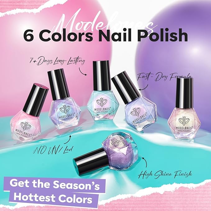 modelones Nail Polish Set, 6 Colors Charm Pink Blue Gold Purple Green Shimmer & Holographic Quick Dry Non Toxic Nail Polish Kit Salon Home DIY Manicure Kit Gift For Women Girl