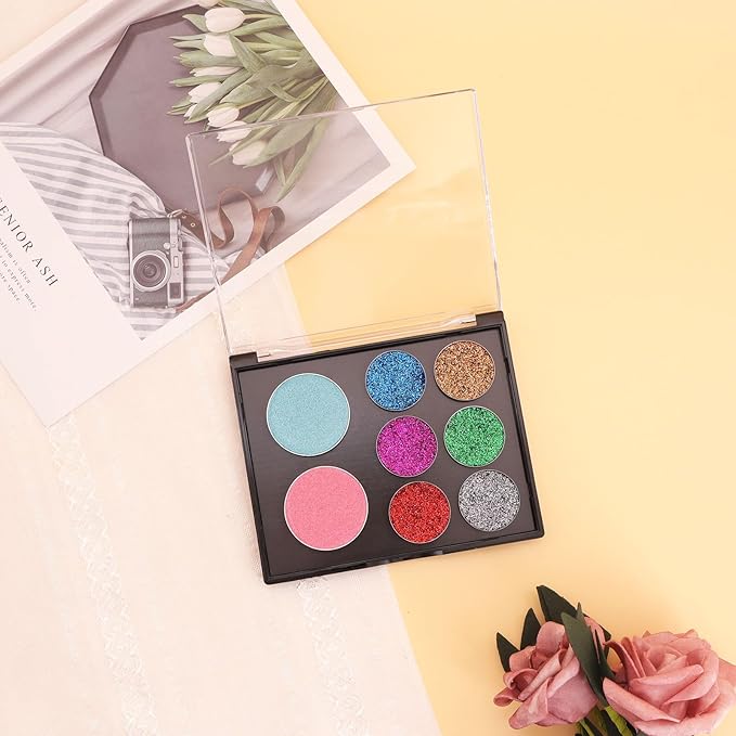 Empty Magnetic Eyeshadow Palette with Clear Top, Travel Makeup Organizer with 40Pcs Adhesive Metal Stickers For DIY Your Own Eyeshadow Lipstick Blush Powder (Small Palette - 4.8'' x 4'')