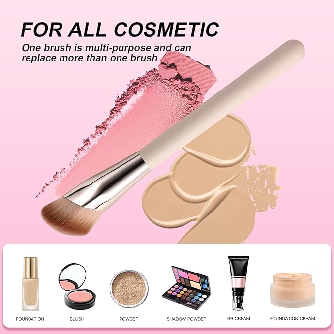 Angled Foundation Brush for Liquid, 16.2CM/6.4in Angle Contour Brush Kabuki Makeup Brushes with Soft Dense Synthetic Bristles Face for Liquid, Buffing, Contouring, Bronzer, BB Cream, Blending (Pink)