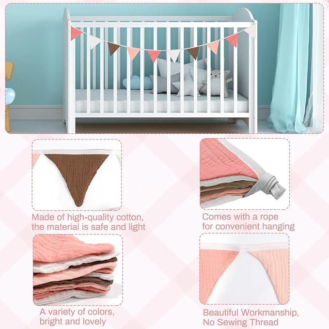 2PCS Pennant Banner Flags, Fabric Bunting Banner Nursery Garland Decor, Baby Shower Garland, Triangle Flags for Baby Boy Room, Playroom, Boho Birthday Party Decor, Each 7.75 ft (White Pink)