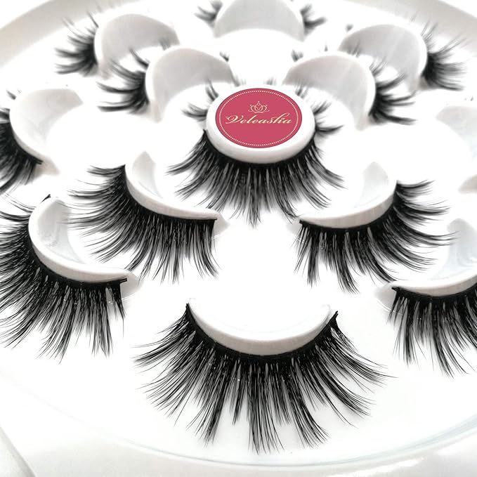 Veleasha Lashes 5D Faux Mink Lashes False Eyelashes Handmade Strip Lashes Wispy Fluffy Fake Lashes Spiky Eyelashes 7 Pairs Luxurious Volume Fake Eyelashes Pack (5D14)