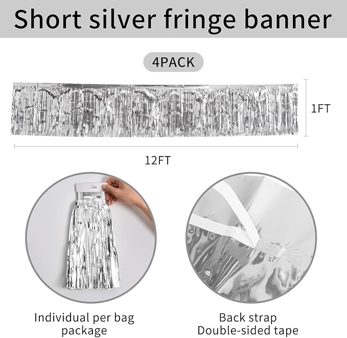 Silver Birthday Decorations Tinsel Garland Parade Float Decorations for Trailer 4Pack 12FT Disco Party Decor Ceiling Fringe Banner Backdrop for Christmas Streamers Party Decorations