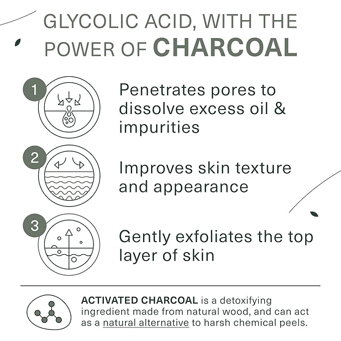 Botanic Tree Glycolic Acid Face Wash for Men - Facial Cleanser, Scrub - 10% Glycolic Acid with Activated Charcoal - 6 fl oz
